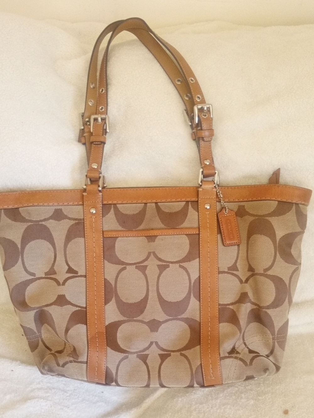 Coach Beige Brown Signature Canvas Tote with Tan Leather Trim
